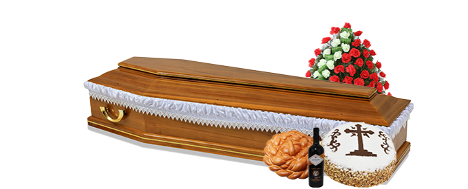 Sicriu din lemn cu flori pentru pachet funerar complet la domiciliu sau azil