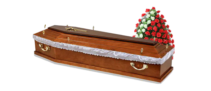Sicriu din lemn cu flori pentru pachet funerar esențial la domiciliu sau azil