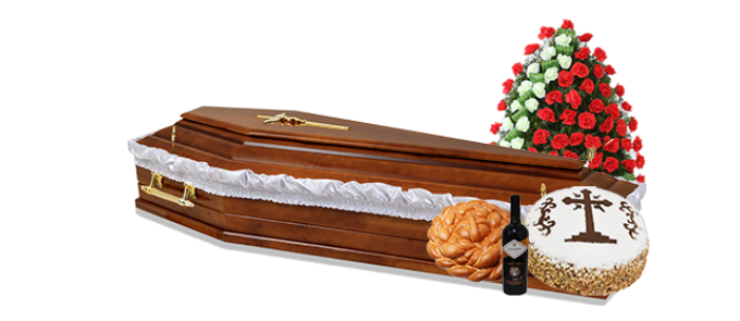 Sicriu din lemn și aranjament floral pentru pachet funerar destinat pensionarilor