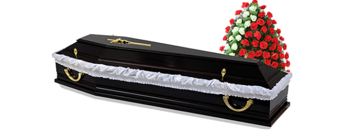 Sicriu negru cu flori pentru pachet funerar destinat pensionarilor