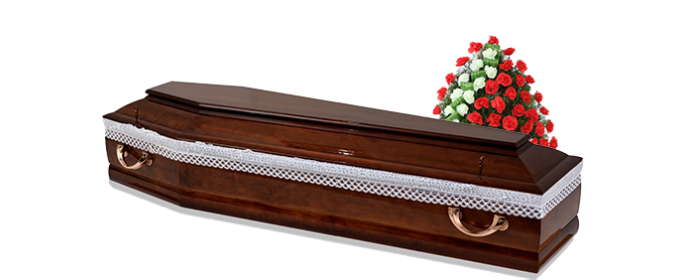 Sicriu din lemn cu flori pentru pachet funerar premium la domiciliu sau azil