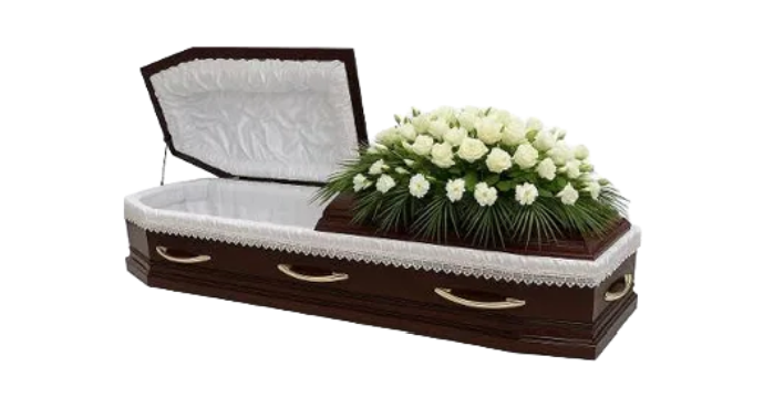 Sicriu prezidențial deschis cu flori albe pentru pachet funerar complet