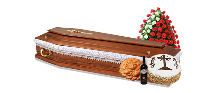Sicriu din lemn cu colivă, vin și flori pentru pachet funerar de spital