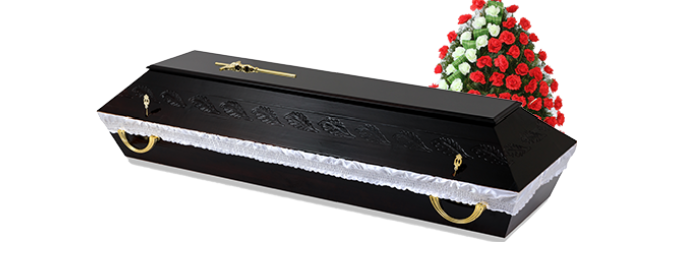 Sicriu negru cu flori pentru pachet funerar social de spital